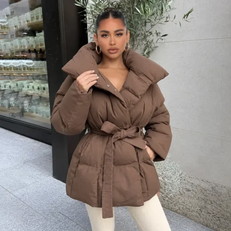 Fashion Lapel Cotton Coat With Belt Warm