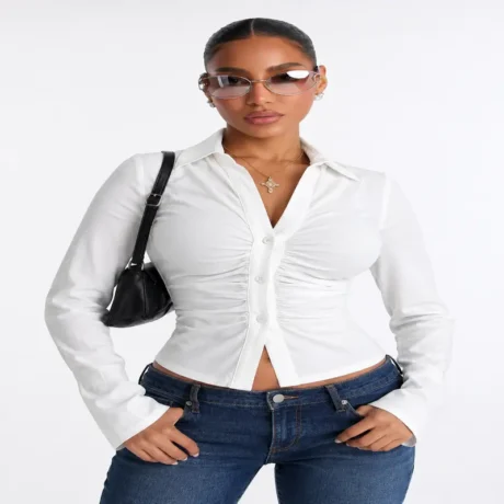Turn-down Collar Button-up Long-sleeve Top