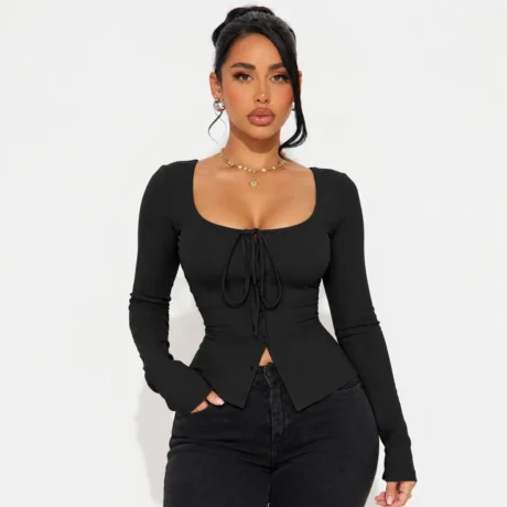 Black Scoop-Neck Tie-Front Top